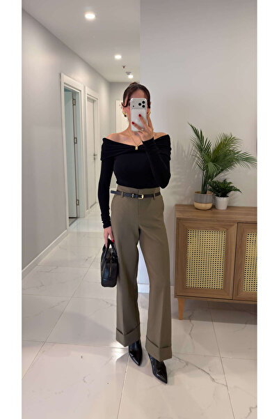 BİRCANÇİL Mollandra Khaki Belted Trousers with Detailed Cuffs