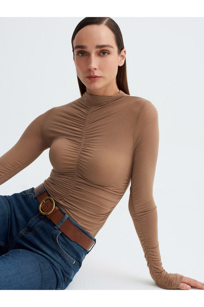 Dilvin 32333 Cashmere Blend Gathered Blouse-Mink