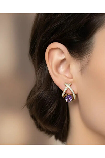 BİJU YILMAZ Xuping Mor Taşlı Tasarım Küpe - 25-xpkp327