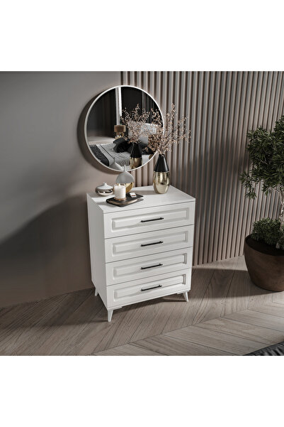 GuneyStore Gözde 4 Çekmeceli Aynalı MDF Beyaz Şifonyer - Ücretsiz Montaj