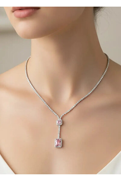 BİJU YILMAZ Vip Silver Pink Stone Waterway Necklace - 25-Vipk33