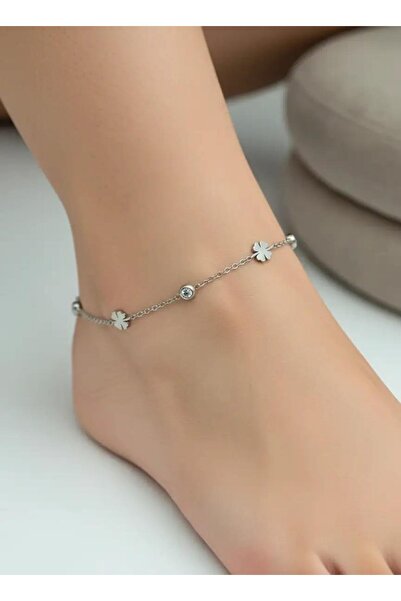 BİJU YILMAZ Steel silver stone clover anklet - 25hal07