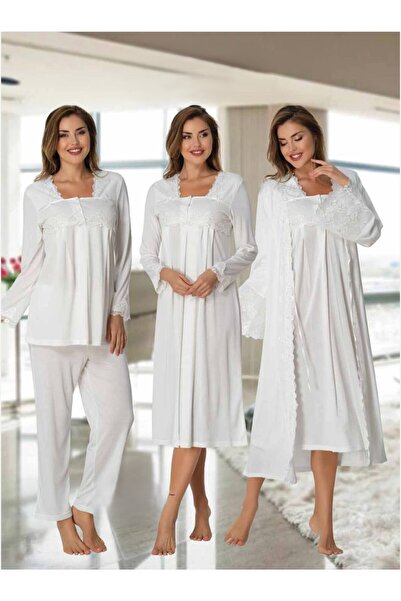 Lohusa Homewear Women's Ecru Long Sleeve Lace Detailed 100% Cotton Maternity ...