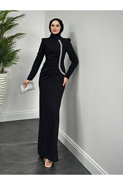 She Olive Stone Detailed Crepe Fabric Hijab Evening Dress – Stylish and Moder...