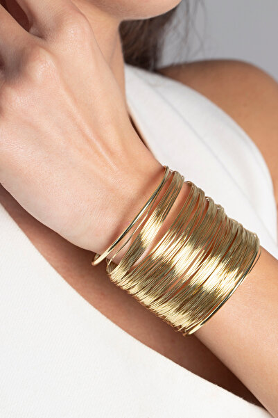 Elika Silver Gold Çok Katmanlı Kelepçe Bileklik, Tel Bileklik / Açık Bilezik