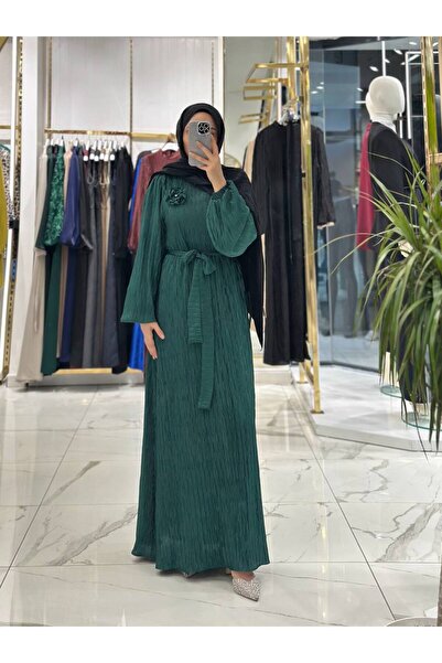 She Olive Crinkled Draped Fabric Hijab Dress – Stylish Event Dress with Ballo...
