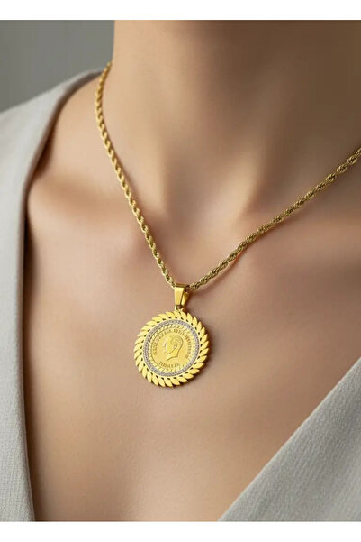 BİJU YILMAZ Steel Gold Twist Full Ataturk Necklace - 25-Clkk279