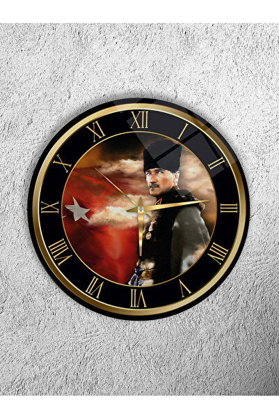 Olinpa KIRILMAZ CAM DUVAR SAATİ , HEM TABLO HEM SAAT ATATÜRK TÜRK BAYRAKLI Sİ...