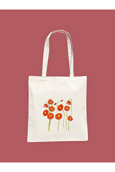 Hayali Şeyler Red Wild Flowers Printed Cloth Bag