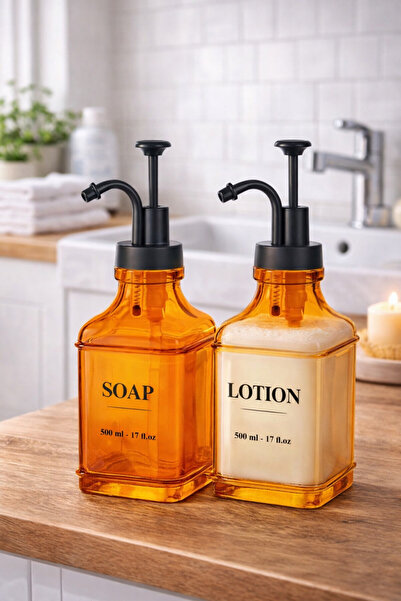 welcomein 2’li Amber Kare Cam Sıvı Sabunluk Seti | 500 ml | Mat Siyah Metal |...