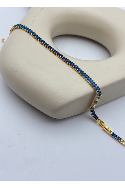 BİJU YILMAZ Steel Gold Shiny Blue Baguette Stone Waterway Bracelet - 26Slb50