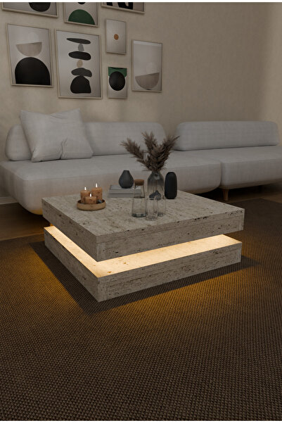 onehediye Led Işıklı Traverten Desen Hamburg Orta Sehpa Modern 2 Katlı Dekor ...
