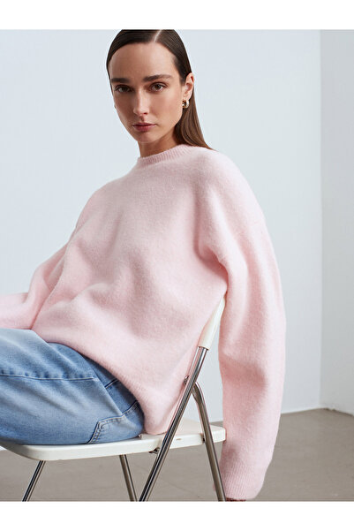 Dilvin 10640 Crew Neck Soft Textured Sweater-Pink