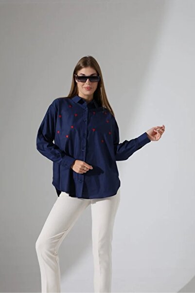 DOSESA Poplin Kumaş Oversize Kalp Baskılı Kadın Gömlek