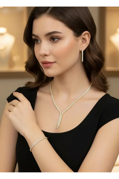 BİJU YILMAZ Vip Gold Taşlı Kolye Küpe Bileklik Su Yolu Set - 25-22ks06