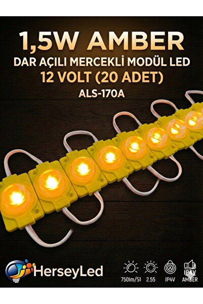 ALLES (20 ADET) 1,5W AMBER SARI DAR AÇILI MANDA GÖZÜ MERCEKLİ MODÜL LED 12 VO...