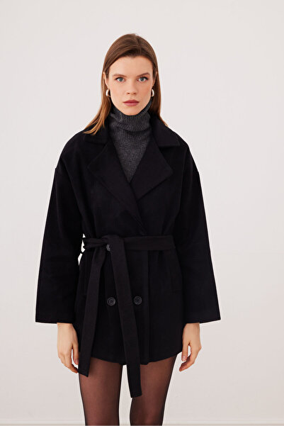 SevdeUgur Γυναικείο μαύρο παλτό oversize κοντό κασμιρένιο με ζώνη και επένδυσ...