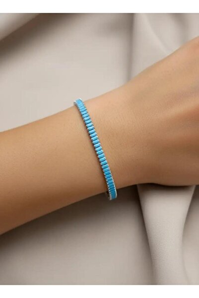 BİJU YILMAZ سوار فضي صغير من الفولاذ مرصع بحجر باجيت أزرق - 26slb29