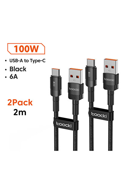 Toocki كابل USB إلى Type C أسود بطول 2 متر، قطعتان، 6 أمبير، لشحن سريع بقدرة ...