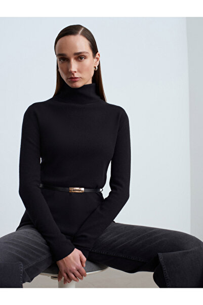 Dilvin 10861 Cashmere Blend Belted Sweater-Black