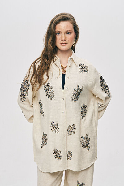 Orfeo Negro Women's Bead Embroidered Cotton-Linen Natur Oversize Shirt
