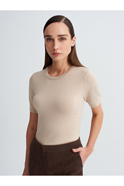 Dilvin 10779 Crew Neck Short Sleeve Knitwear Blouse-Light Beige