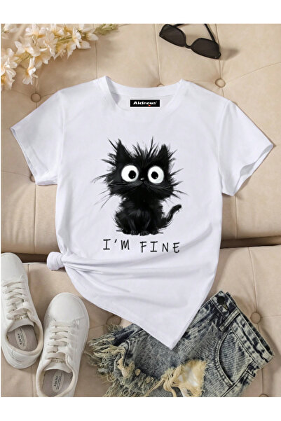 ALCİNOUS Women's White Oversized Fine Printed T-Shirt