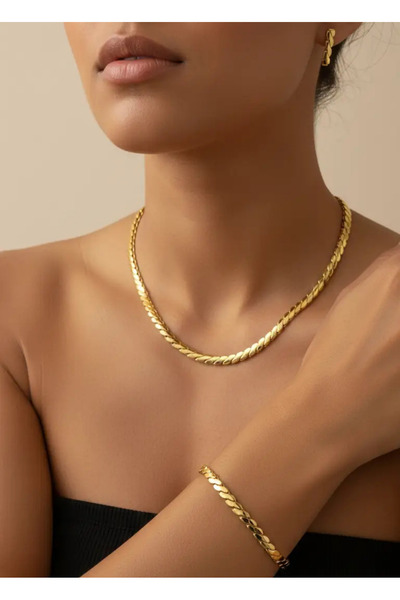 BİJU YILMAZ Vip 22K Altın Kaplama Kolye Küpe Bileklik Set - 25-22ks19