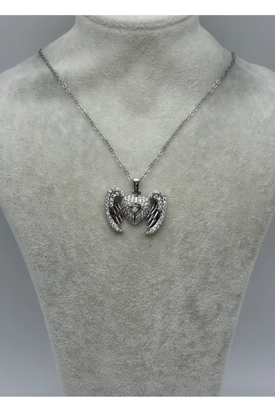 BİJU YILMAZ قلادة من الفولاذ الفضي مع قلب مفتوح و أجنحة - 25-ctr402
