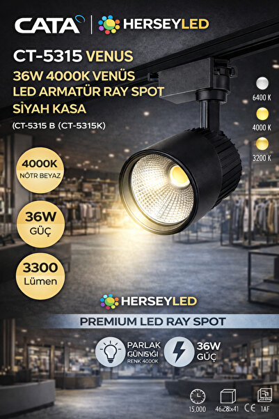 Cata 36W 4000K VENÜS LED ARMATÜR RAY SPOT SİYAH KASA CT-5315 K