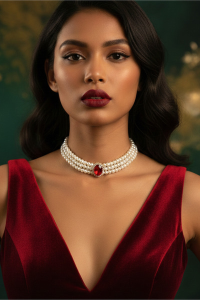 Happyline Kırmızı Oval Taşlı Cam İncili Choker Kolye, Tasma Kolye, Gold Kapla...
