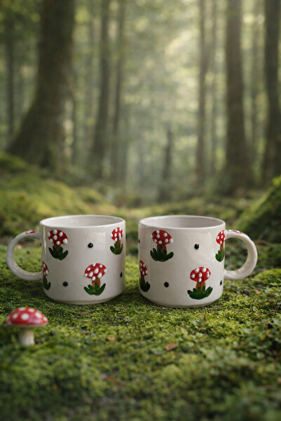 Ekin Concept Mantar Desenli Seramik Kupa, Mantarlı Kupa, El Yapımı Seramik Ku...