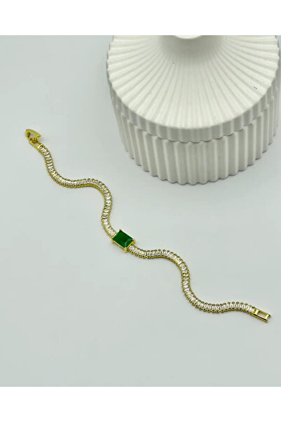 BİJU YILMAZ Xuping Ymz Gold Green Stone Baguette Bracelet - 25-Ymzb122