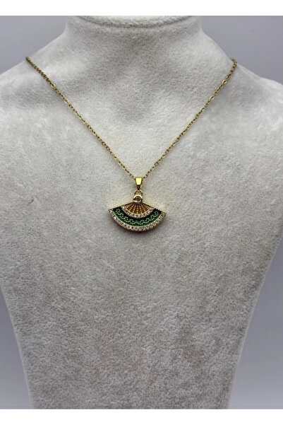BİJU YILMAZ قلادة مروحة من الفولاذ باللون الذهبي والأخضر - 25-ctr323