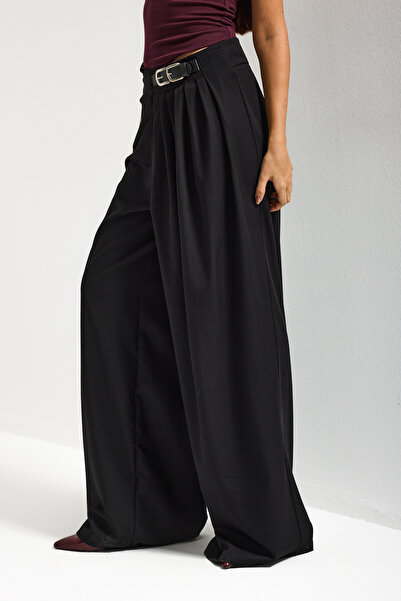 it's basic Women's Black Color Palazzo Fit Belt Detailed Viscose Fabric Desig...