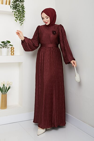 She Olive Crinkled Draped Fabric Hijab Dress – Stylish Event Dress with Ballo...