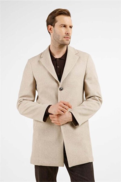 İmza Dark Beige Mono Collar Stretchy Slim Fit Classic Cashmere Coat 1005255101