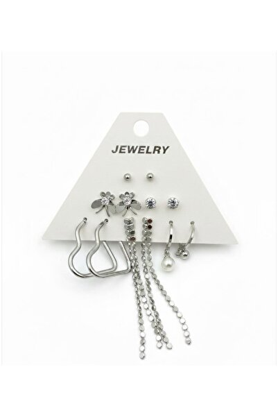 stainless steell gümüş renk 12 adet (6 çift) paslanmaz çelik küpe set 5