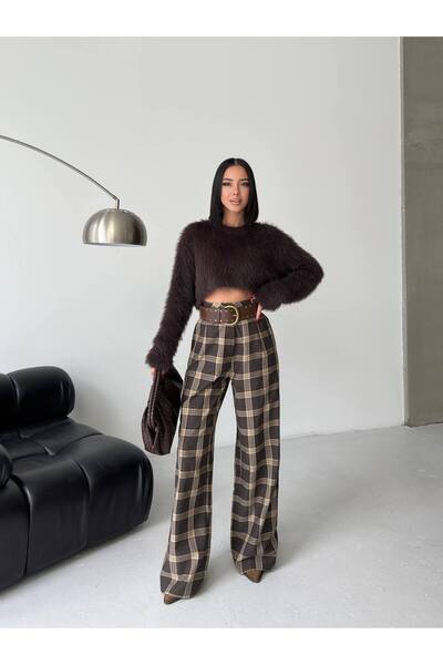 ebru akten butik Ekose Desenli Geniş Paça Pantolon