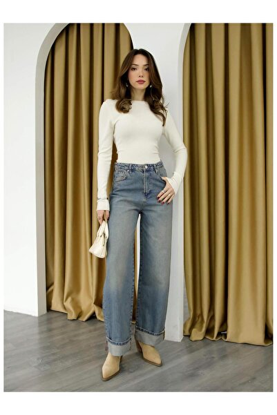 Coral Paçası Katlı Bol Kot Pantolon 8183 Mavi