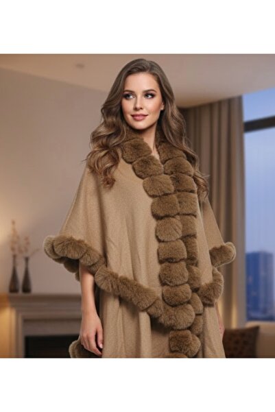 alqarat Luxurious Faux Fur Trimmed Wool-Blend Poncho for winter