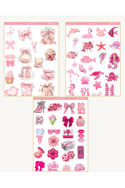 MirayDesign 6 Sayfa Pembe Renk Temalı Sticker Seti (12*17 cm)/Scrapbook, Bullet Journal, Planlayıcı İçin