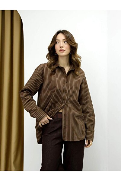 Coral Uzun Çizgili Gömlek 3203 Acı Kahve