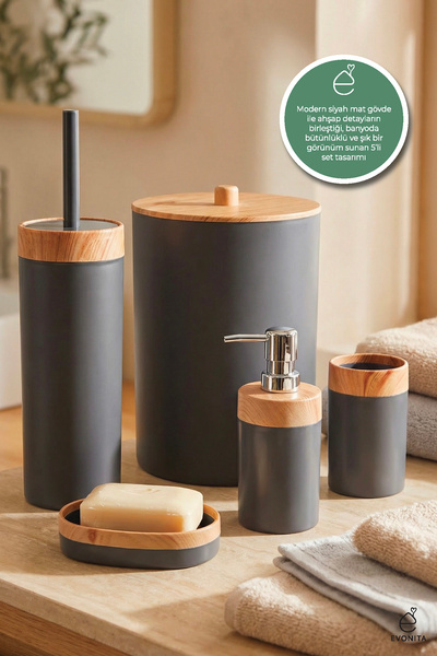 EVONİTA Ahşap Desenli 5'li Banyo Seti Çöp Kovası, Sıvı Sabunluk, Diş Fırçalık...