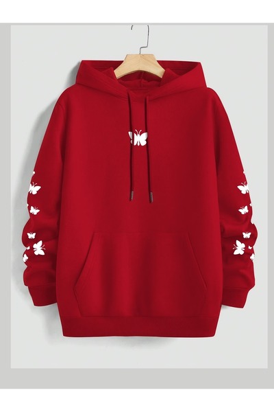 ship master Women's Red Hooded Sweatshirt with Butterfly Print and Pockets, C...
