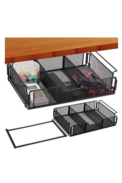 Arabest منظم تخزين معلق أسفل درج المكتب، منزلق، معدني أسود، منظم سطح مكتب مخفي
