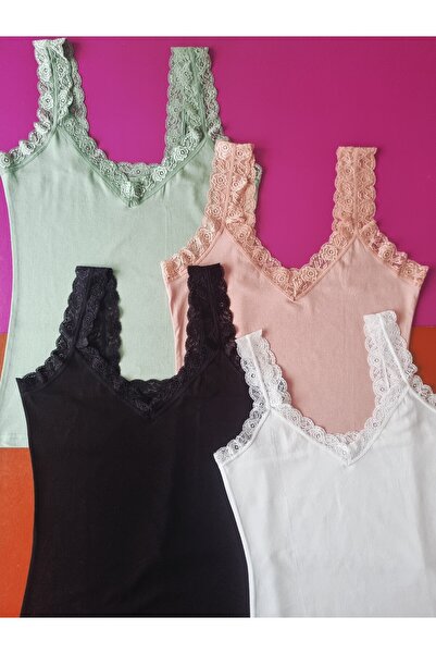 Demirsa Boutique Dantel Detaylı Modal Kumaş Askılı Siyah, Beyaz, Pudra ve Yeşil Renk 4'lü Kadın Atlet