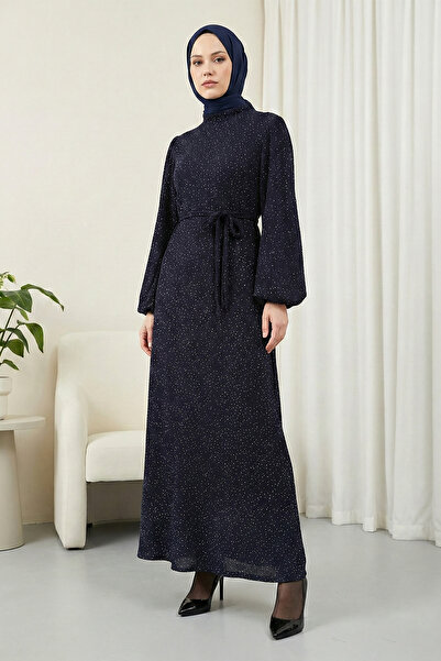 MODAQU Lined Stoned Stylish Dress - Navy Blue