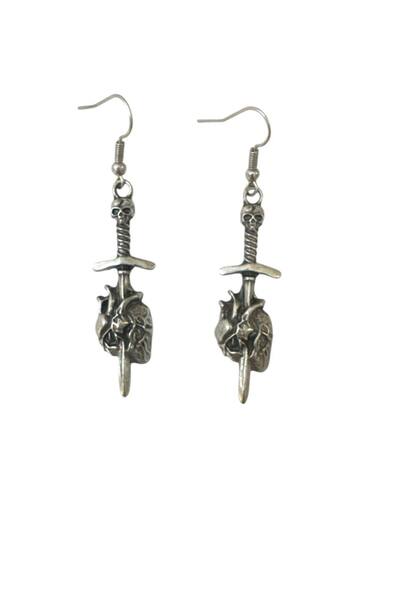 Yuchicly Dark Heart Dagger – Antique Silver Color Unisex Dangle Earrings with...