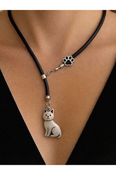 splashtakı 925 Ayar Gümüş Kedi ve Pati Detaylı Deri Kolye – Kişiye Özel Ölçü ...
